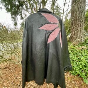 Black Leather Jacket with Pink Flower Design